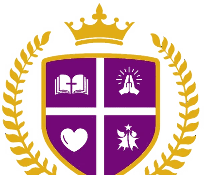 The Children&rsquo;s Kingdom crest: a gold crown and laurel wreath around a purple shield divided into four, showing an open Bible, praying hands, a heart and a family.